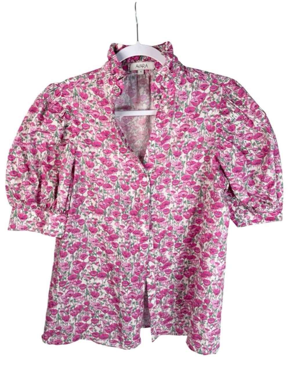 Avara Pink Floral Short Puff Sleeve Ruffle High Neck Button Up Blouse Size Small